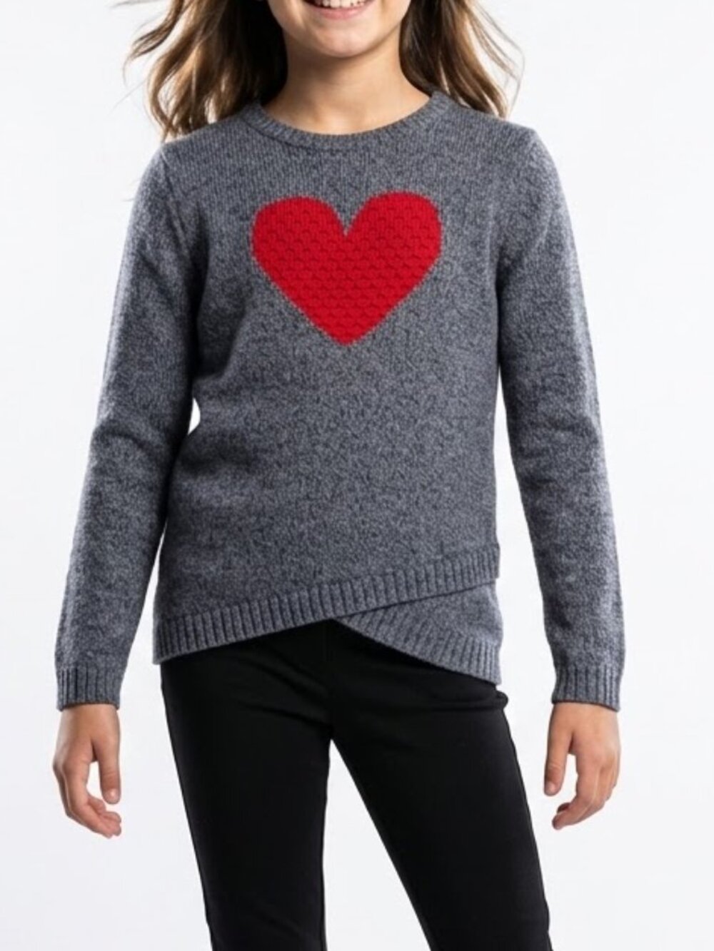 Tahari Kids Intarsia Heart Knit Sweater Gray Red Size L 10-12 Soft Crewneck